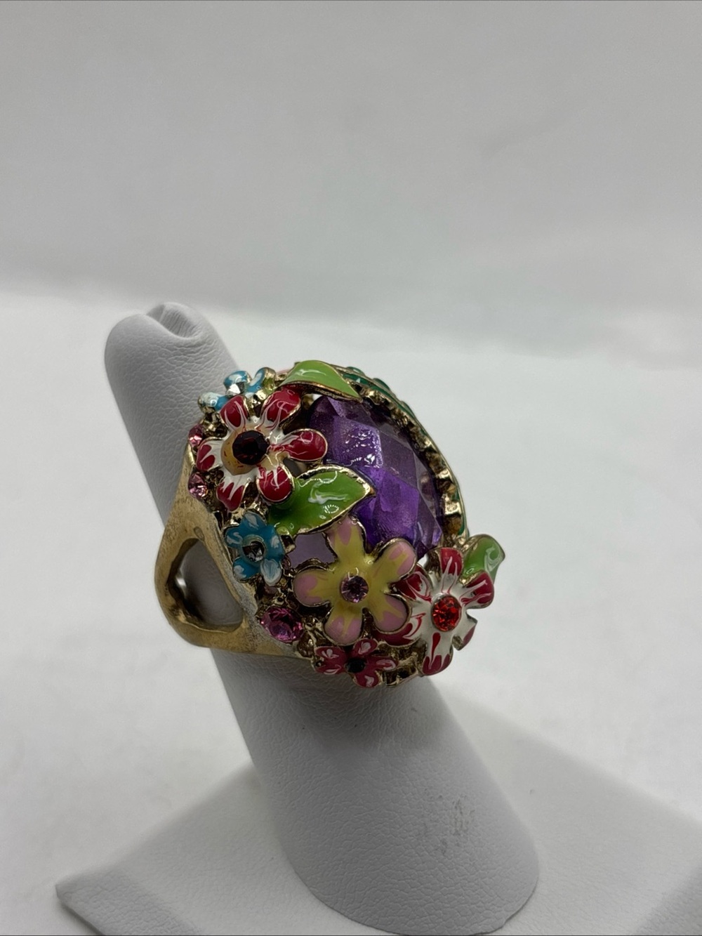 Gold-Tone Floral Enamel Ring with Purple Gemstone - Women Jewelry